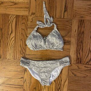 Athleta tie bikini swimsuit TOP ONLY, size Large, white and tan palms